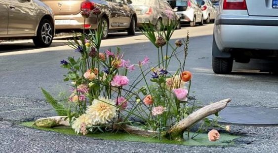 O florărie face aranjamente florale în gropile din Capitală